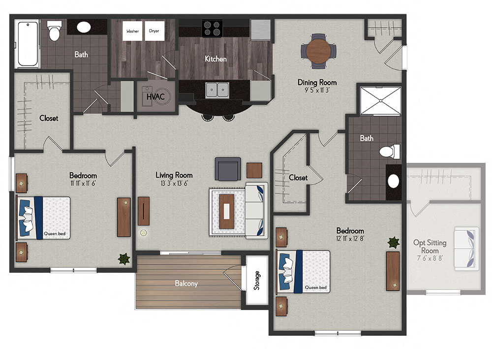 Floor plan for 2 beds, 2 baths, 1181 sqft